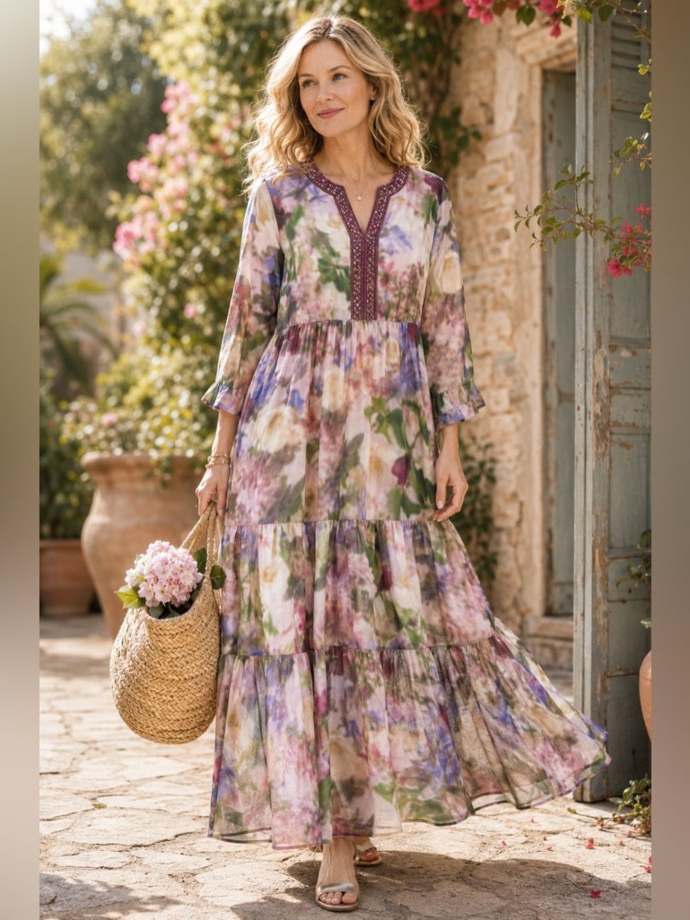 NWT Soft Surroundings Baroque Beaded Floral Water Color Women’s Maxi Dress Sz XL